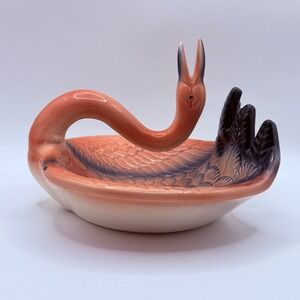 Vintage 1983 Deco Designs Ceramic Swan Trinket Dish Peach Black Art Deco Revival